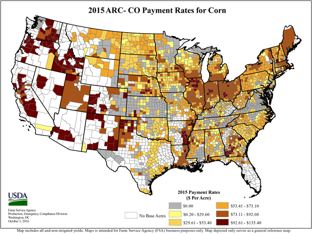 This map shows 2015 Agriculture Risk Coverage-county payment rates for corn. (Graphic courtesy of USDA Farm Service Agency)
